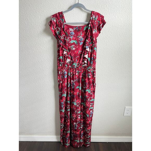 Garnet Hill Dulce Knit Maxi Dress Women's L Red Fantasy Floral Ruffle Stretch - Picture 2 of 7